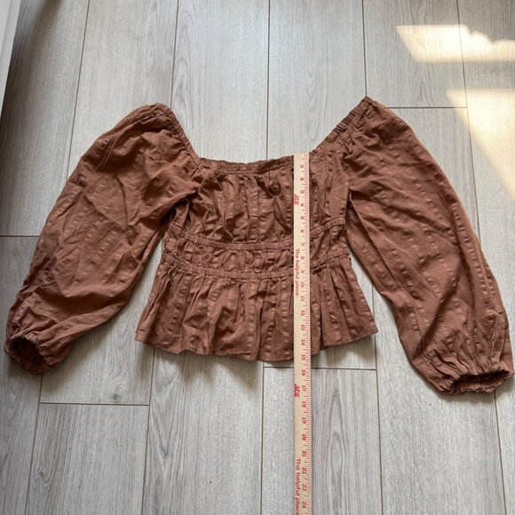 J. Crew Puff Sleeve Cotton Textured Peasant Top Womens SZ Small Festival Brown - Picture 6 of 8